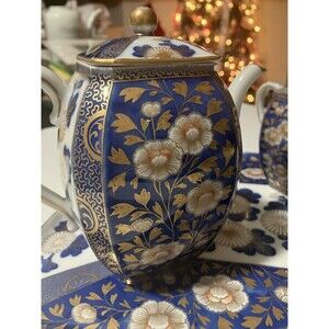 Antique 7 Piece Fukagawa Koransha Cobalt Blue and Gold Gilt Tea Set W Platter